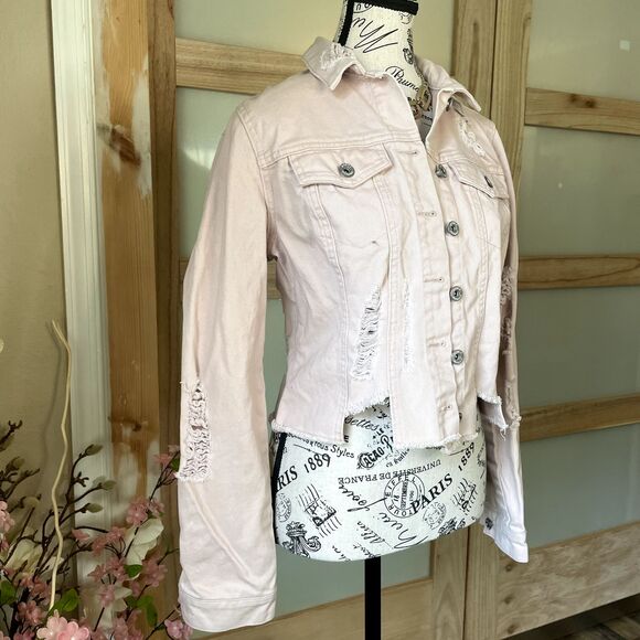 Jessica Simpson Denim Distressed Cropped Jean Jacket Rose Women Size Medium - Picture 4 of 14